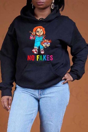 Black Casual Character Print Letter Hooded Collar Tops