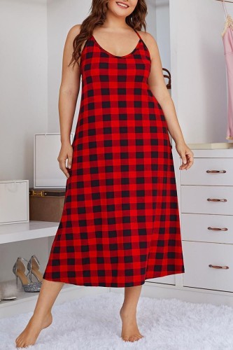Red Sexy Living Plaid Print Backless Spaghetti Strap Plus Size Nightdress