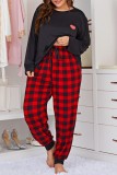 Black Living Print Basic O Neck Plus Size Pajamas Two Piece Set