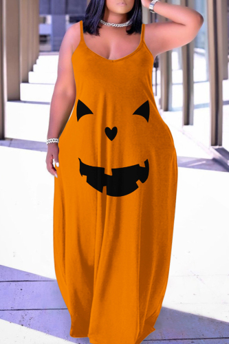 Orange Halloween Skull Flower Print Floor Length Sleeveless  Plus Size Loose Maxi Slip Dress