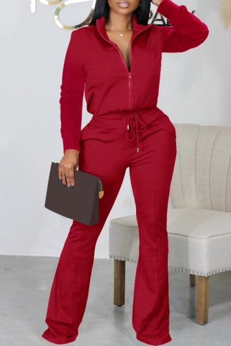 Burgundy Casual Solid Patchwork Zipper Collar Long Sleeve Two Pieces