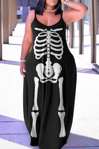 Black Halloween Skull Flower Print Floor Length Sleeveless  Plus Size Loose Maxi Slip Dress