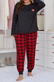 Black Living Print Basic O Neck Plus Size Pajamas Two Piece Set