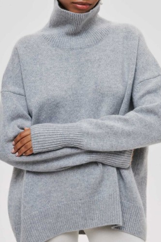 Silver Gray Casual Solid Basic Turtleneck Tops