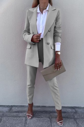Grey Casual Solid Cardigan Pants Turn-back Collar Long Sleeve Two Pieces
