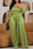 Green Casual Solid Basic O Neck Long Sleeve Two Pieces