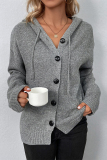 Grey Casual Solid Buttons Hooded Collar Tops