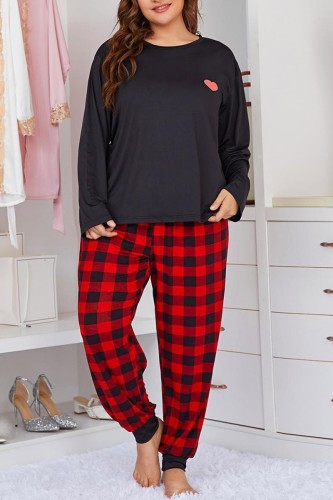 Black Living Print Basic O Neck Plus Size Pajamas Two Piece Set