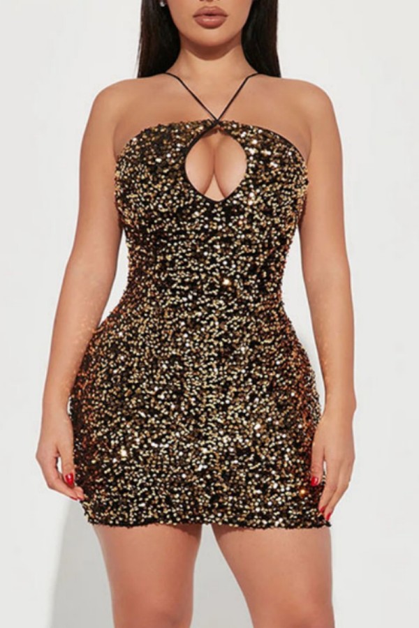 Gold Sexy Patchwork Hollowed Out Sequins Backless Spaghetti Strap Sleeveless Dress Dresses