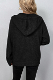 Black Casual Solid Buttons Hooded Collar Tops