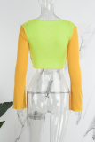 Fluorescent Yellow Sexy Casual Patchwork Frenulum Contrast O Neck Tops