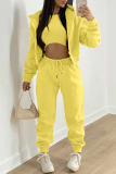 Yellow Fashion Casual Solid Cardigan Vests Pants O Neck Long Sleeve Three-piece Set
