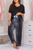 Black Living Print Leopard Basic V Neck Plus Size Pajamas Two Piece Set