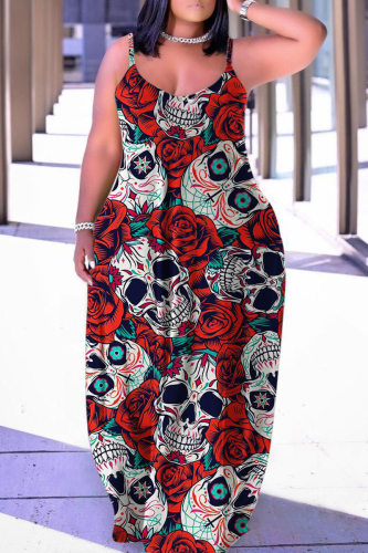 Tangerine Red Halloween Skull Flower Print Floor Length Sleeveless  Plus Size Loose Maxi Slip Dress