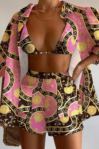 Pink Black Casual Print Patchwork Pocket Buttons Turndown Collar Three Quarter Two Pieces(Three Pieces)