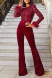 Burgundy Fashion Sexy Solid Patchwork Feathers Beading O Neck Straight Jumpsuits