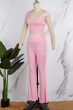 Pink Casual Solid Backless O Neck Sleeveless Two Pieces