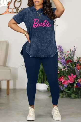 Blue Casual Letter Print Basic O Neck Short Sleeve Two Pieces