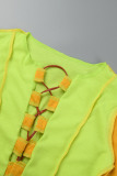 Fluorescent Yellow Sexy Casual Patchwork Frenulum Contrast O Neck Tops