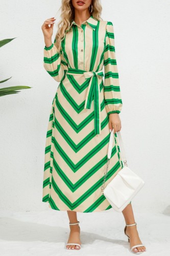 Green Casual Striped Print Patchwork Turndown Collar Shirt Dress Dresses