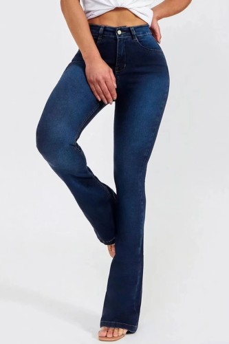 Deep Blue Casual Solid Patchwork High Waist Skinny Denim Jeans