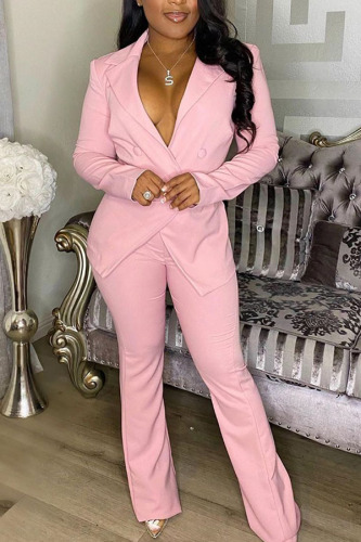 Pink Fashion Casual Adult Solid Buttons Turn-back Collar Long Sleeve Regular Sleeve Regular Two Pieces