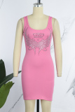 Pink Casual Patchwork Hot Drill U Neck Vest Dress Dresses