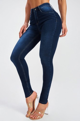 Deep Blue Casual Solid Patchwork High Waist Skinny Denim Jeans