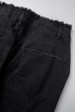 Black Casual Solid Ripped Patchwork Mid Waist Regular Denim Jeans (Subject To The Actual Object)