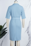 Sky Blue Casual Solid Patchwork Slit Turndown Collar Wrapped Skirt Dresses (With Belt)