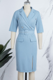 Sky Blue Casual Solid Patchwork Slit Turndown Collar Wrapped Skirt Dresses (With Belt)