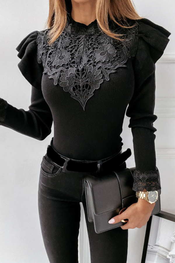 Black Elegant Solid Lace Half A Turtleneck Tops