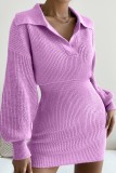 Purple Casual Solid Patchwork Turndown Collar Long Sleeve Dresses