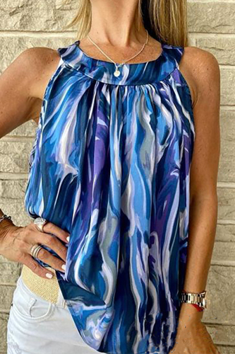 Blue Casual College Print Patchwork O Neck Tops
