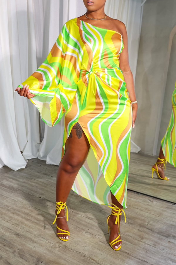 Yellow Geometric Print One Shoulder Long Flare Sleeve Knotted High Slit Daily Vacation Maxi Dress