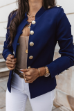 Tibetan Blue Casual Solid Patchwork Buckle Mandarin Collar Outerwear