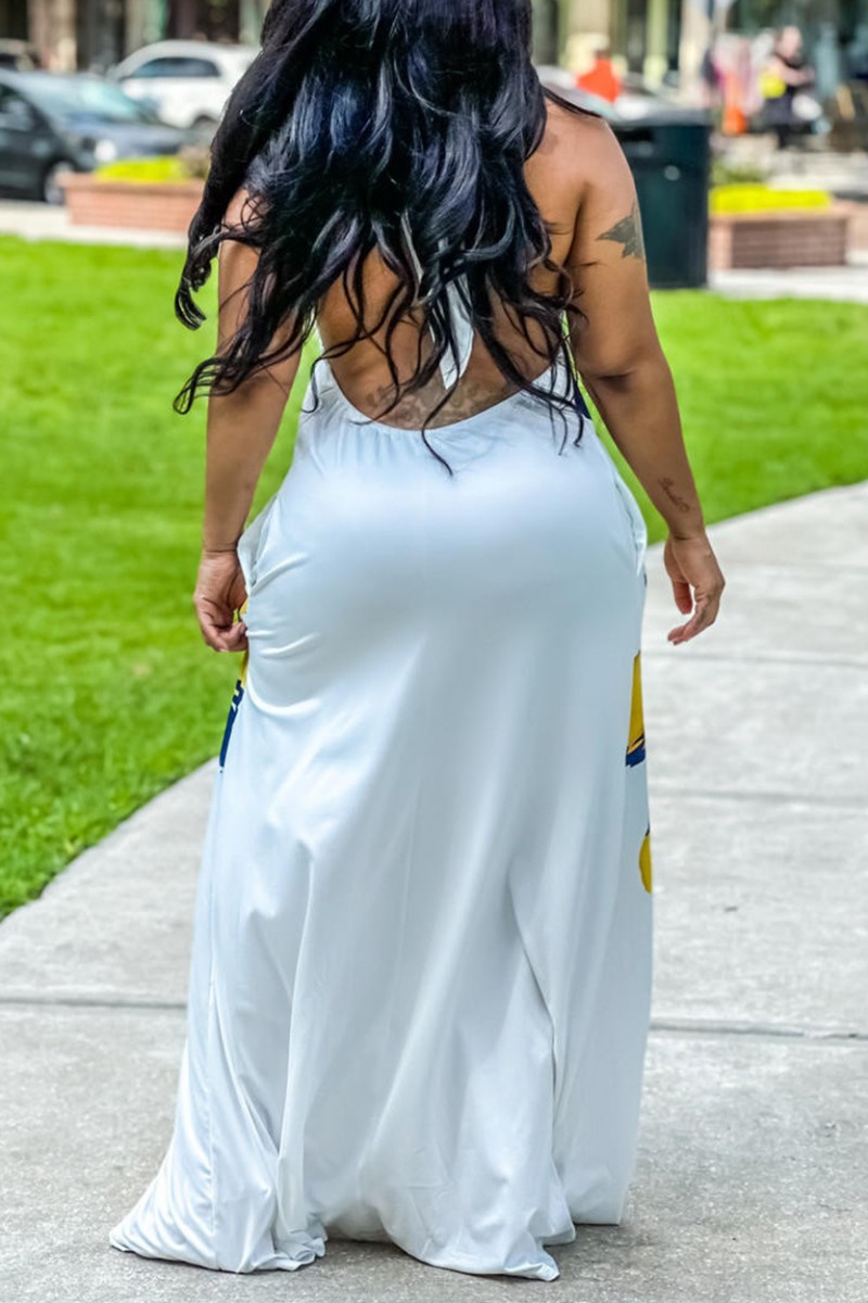 Deep V Halter-Neck Backless Metal Buckle Decoration Maxi Dress