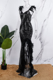 Black Solid Sequins Patchwork Feathers Backless V Neck Irregular Dress Dresses