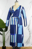 Blue Casual Print Patchwork V Neck Long Sleeve Plus Size Dresses