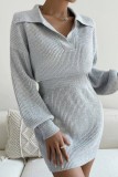 Grey Casual Solid Patchwork Turndown Collar Long Sleeve Dresses