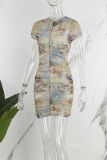 Colour Casual Print Fold V Neck Short Sleeve Dress
