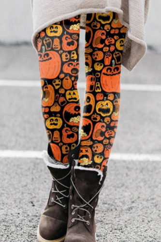 Orange Yellow Halloween Costumes Skull Pumpkin Print High Waist Pencil  Skinny Trousers
