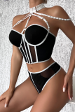 Black Yellow Sexy Solid Patchwork Metal Accessories Decoration Mesh Contrast Lingerie