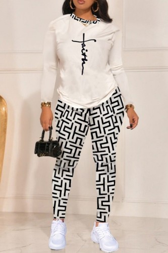 White Casual Print Patchwork O Neck Long Sleeve Two Pieces