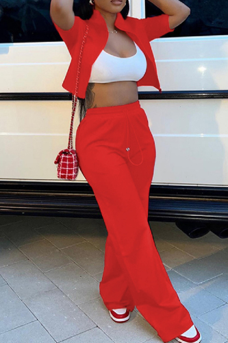 Red Casual Solid Basic Zipper Collar Short Sleeve Two Pieces