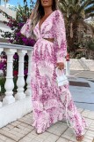 Pink Casual Print Hollowed Out V Neck Long Sleeve Dresses