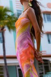 Orange Sexy Casual Print Backless Strapless Long Dress Dresses