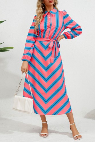 Blue Casual Striped Print Patchwork Turndown Collar Shirt Dress Dresses