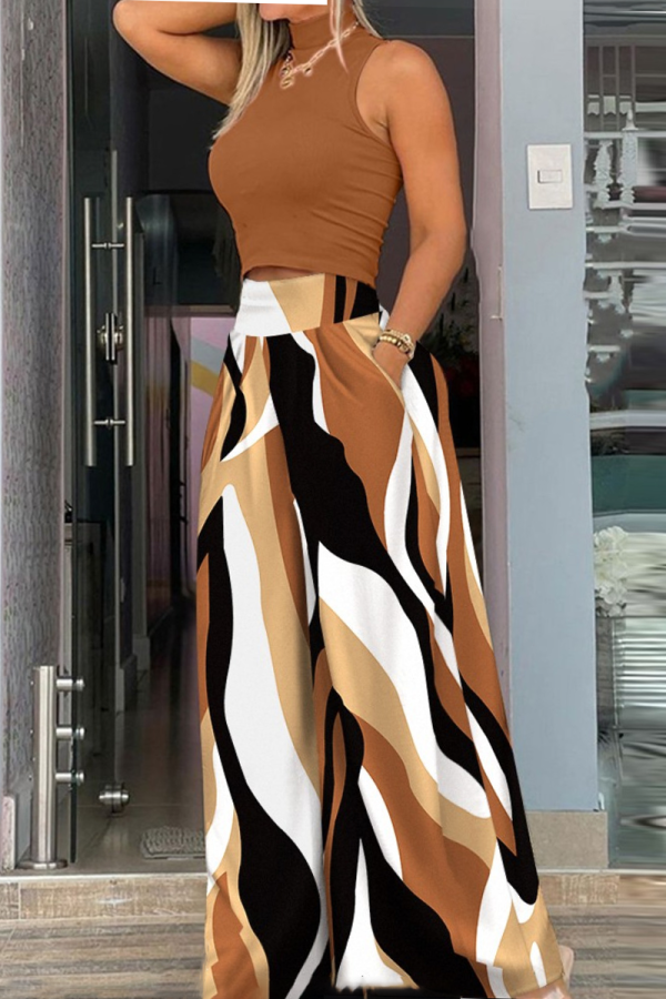 Elegant Print Turtleneck Sleeveless Two Pieces(4 Colors)