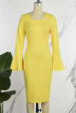 Yellow Casual Solid Patchwork Oblique Collar Long Sleeve Dresses